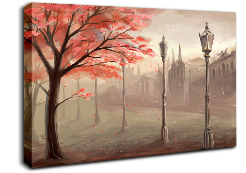 Red Tree In The Old Town Canvas Wall Art