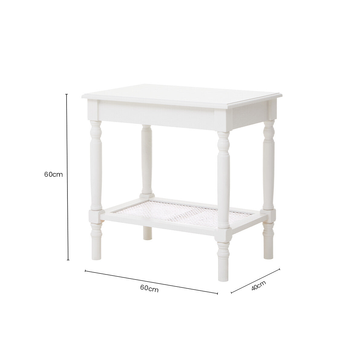 White Wooden 2-Tier Side Table with Cane Rattan Webbing Detail and Carved Legs, Heritage