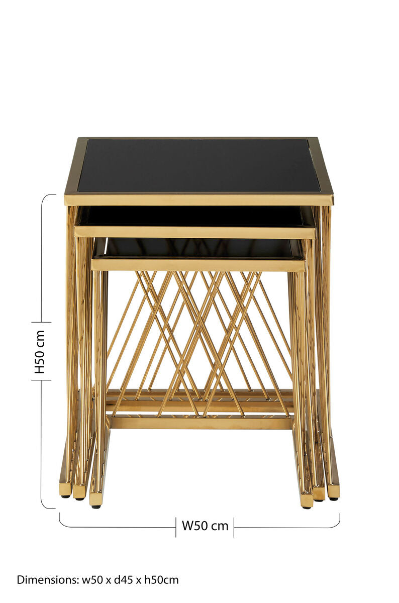Set of 3 Gold Finish Stainless Steel Frame Nesting Tables with Black Glass Tops, Arezzo