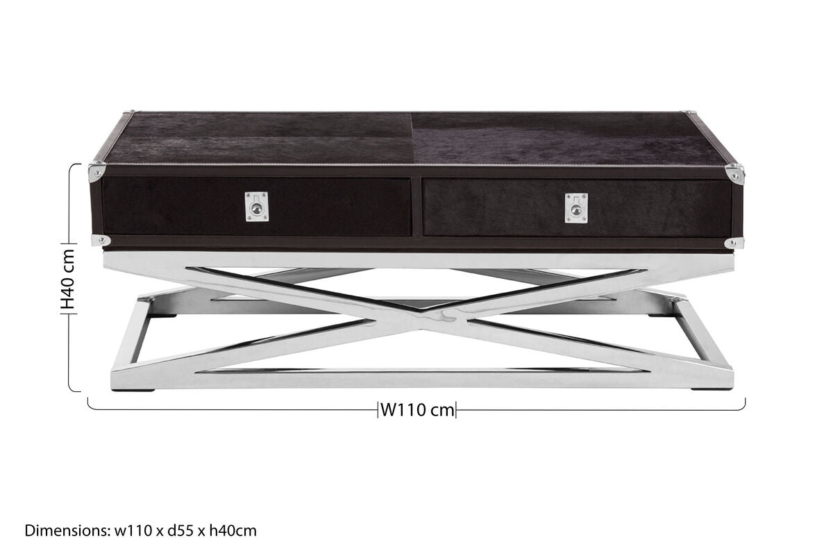 Black Hair-On-Hide Wood Top and Silver-Finished Frame Console Table with 2 Drawers, Kensington Townhouse