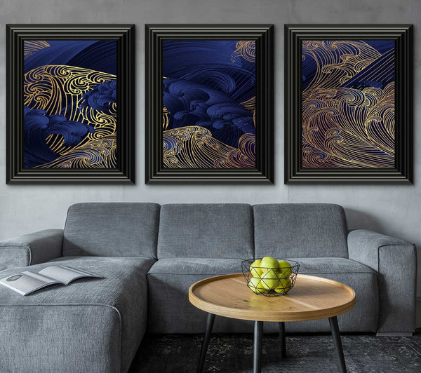 Gold and Blue Waves Japanese Art