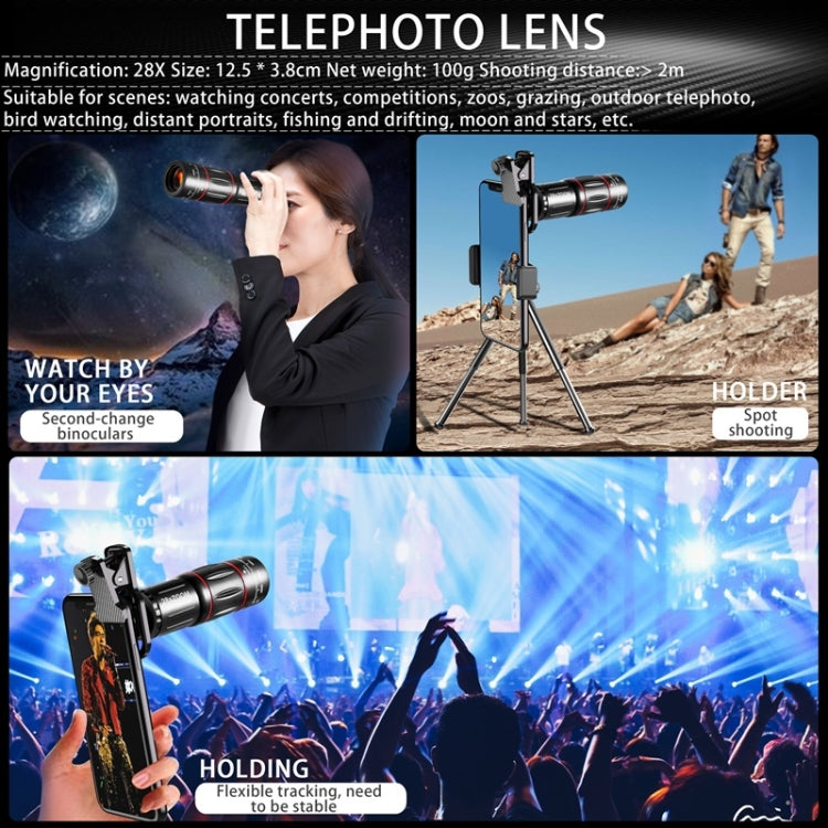 Mobile Phone Universal Lens Telescope 28X + Wide Angle 0.6X + Macro 20X + Fisheye 198 Degree Set, Multi-combination Set