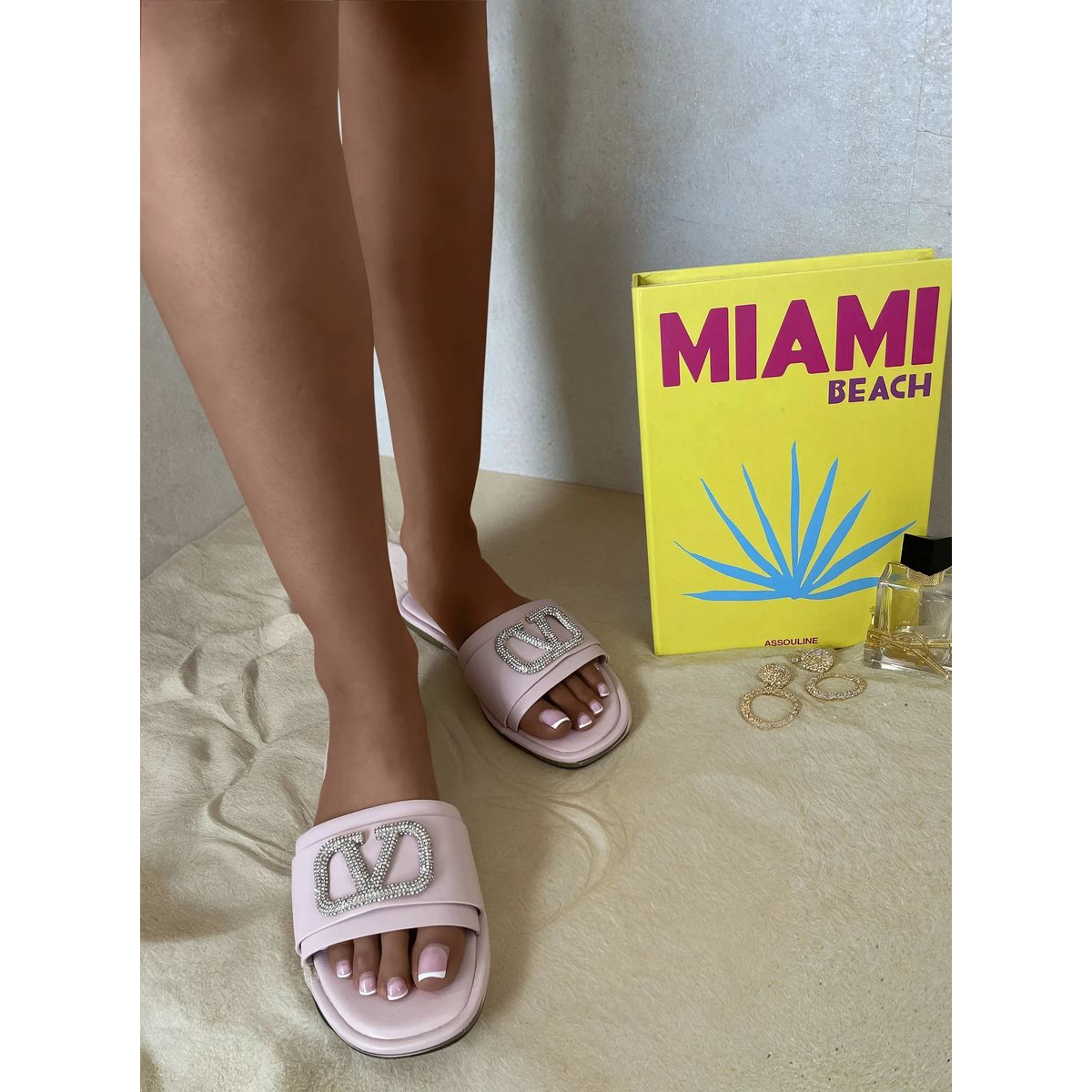 Rhinestone Detail Strap Slip On Flat Sandals