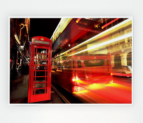 London Red Night Bus Blur Print Poster Wall Art