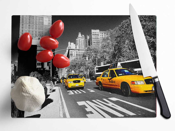 Yellow Taxi In New York City Glass Chopping Board