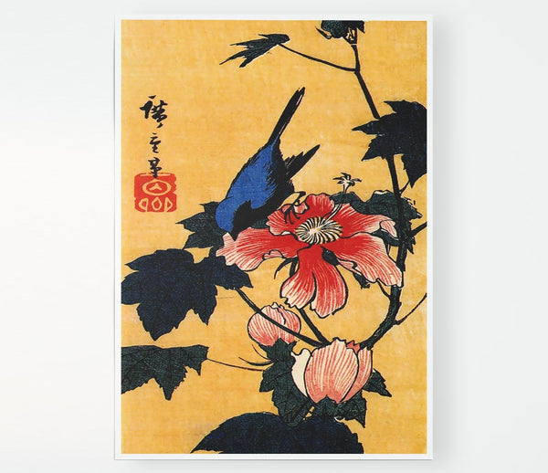 Hiroshige Bird On A Hibiscus Flower Print Poster Wall Art