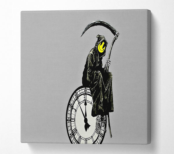 A Square Canvas Print Showing Smiley Face Reaper Times Up Square Wall Art