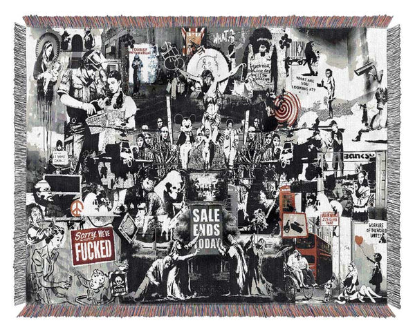 Banksy Collage 1 B n W Woven Blanket