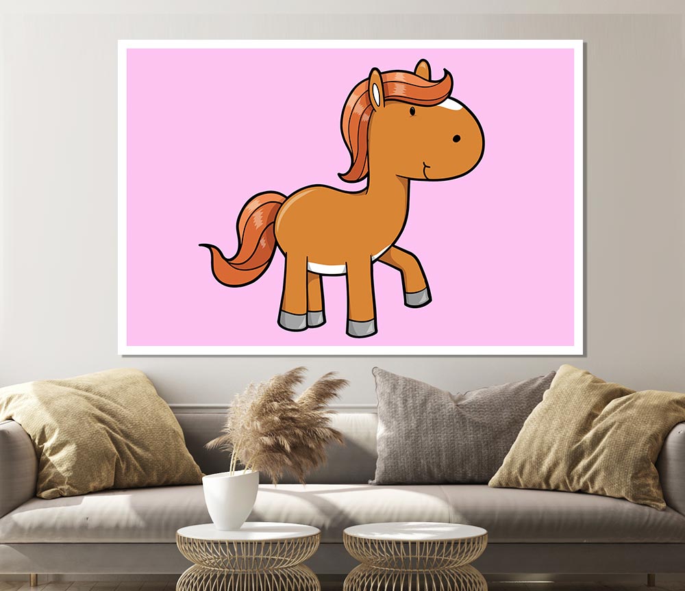 Walking Pony Horse Pink Print Poster Wall Art