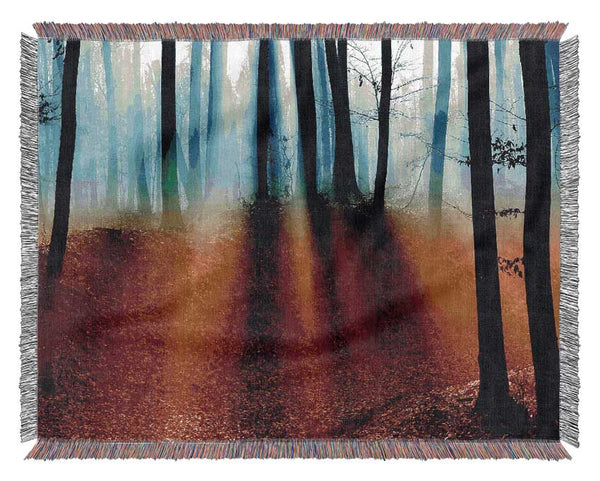 Autumn Forest Blue Sun Beams Woven Blanket