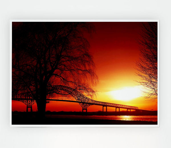 Bridge Over The Orange Winter Lake Print Poster Wall Art
