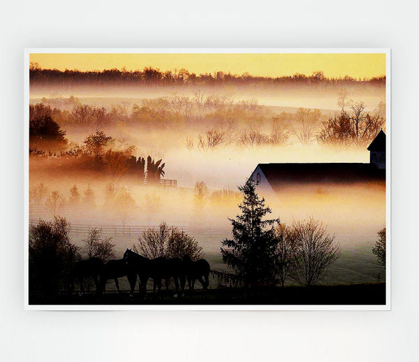Horses In The Morning Mist Print Poster Wall Art