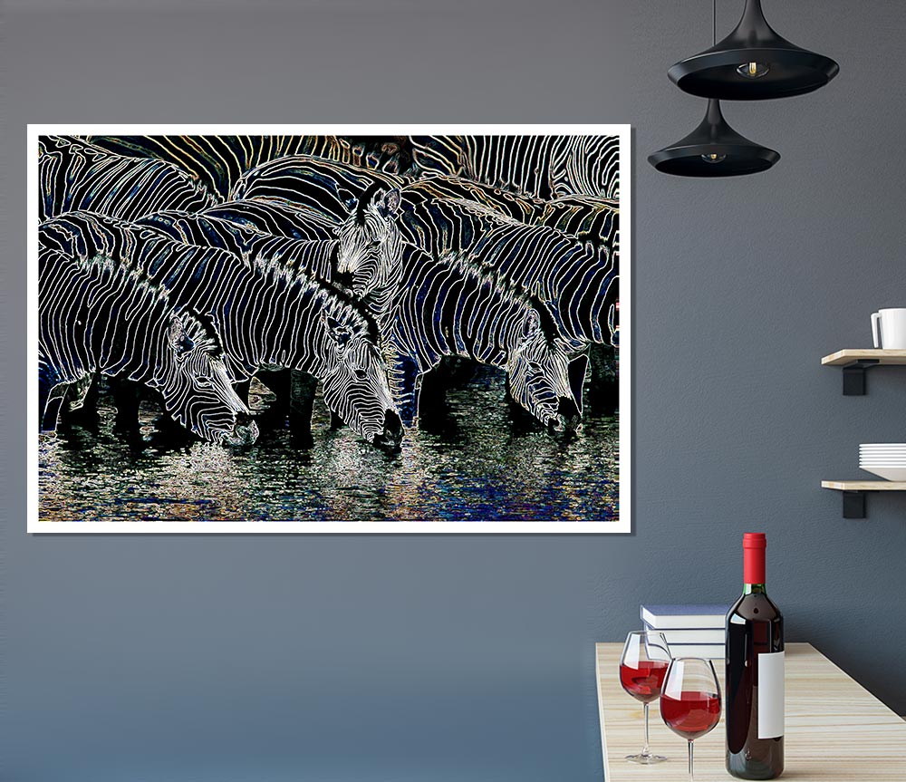 Zebra At The Watering Hole Print Poster Wall Art