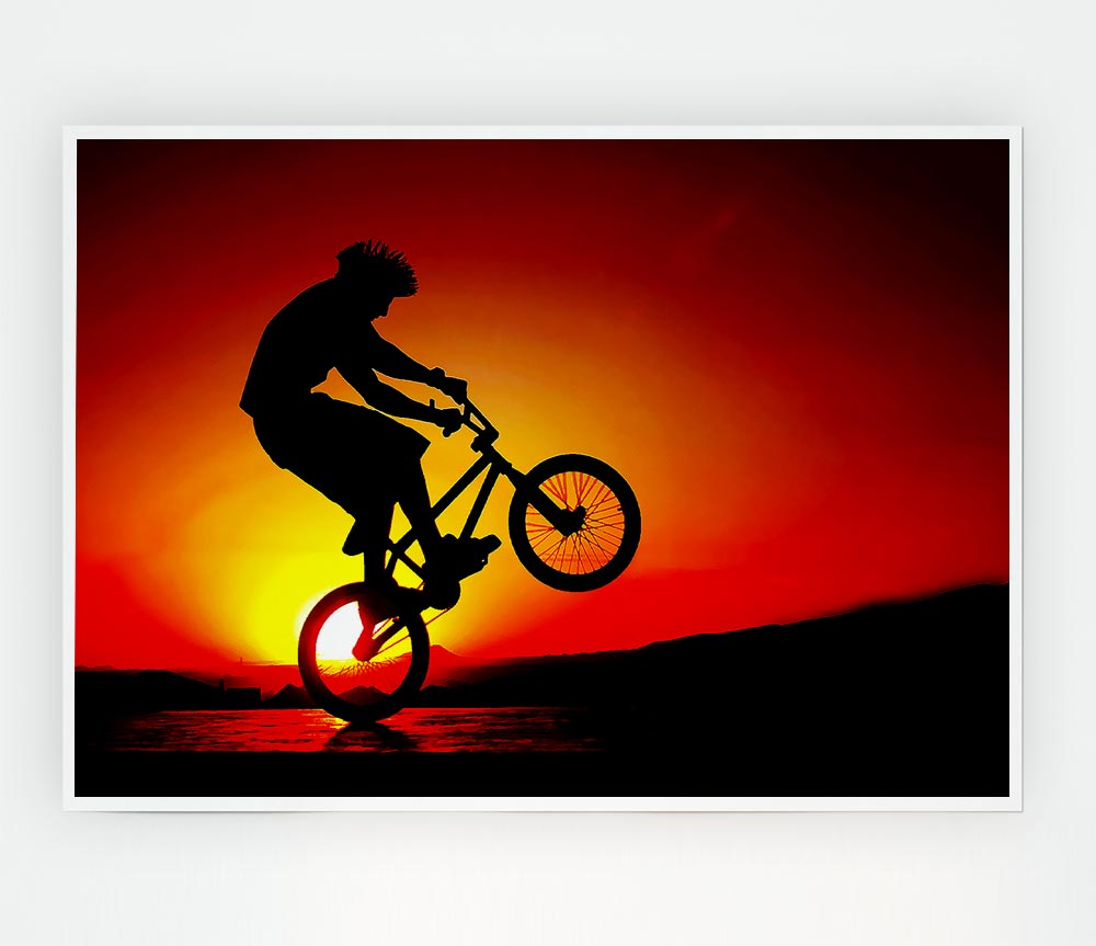 Bmx Back Wheelie In Red Sunlight Print Poster Wall Art
