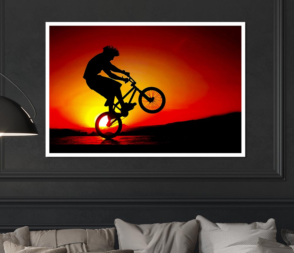 Bmx Back Wheelie In Red Sunlight Print Poster Wall Art