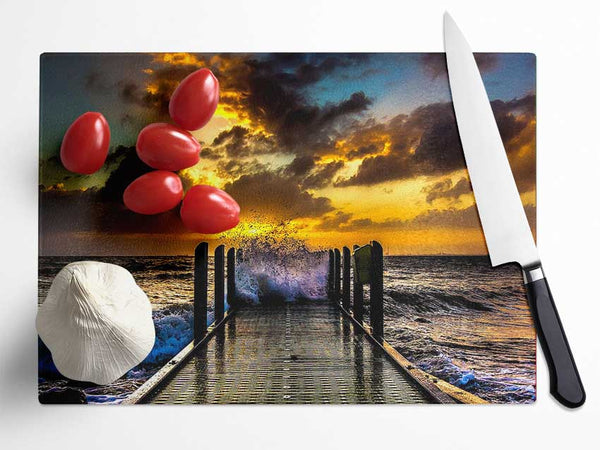 Waves Crashing On The Pier At Sunset Glass Chopping Board
