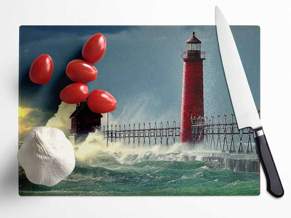 Lighthouse Stormy Sea Glass Chopping Board