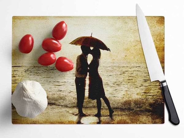Romantic Love Couple In The Rain Glass Chopping Board