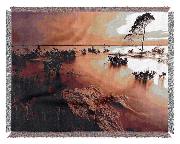 Tranquil Pink Ocean Trees Woven Blanket