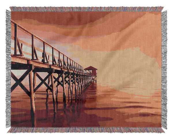 Tranquil Ocean Pier Pink Woven Blanket