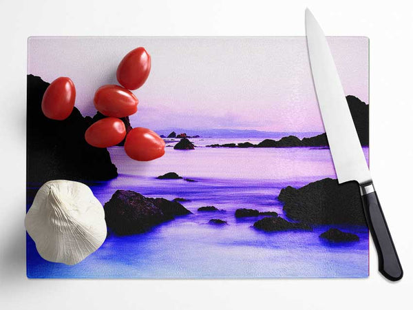 Lilac Blue Ocean Rocks Glass Chopping Board
