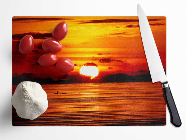 Swans On The Orange Ocean Reflection Glass Chopping Board