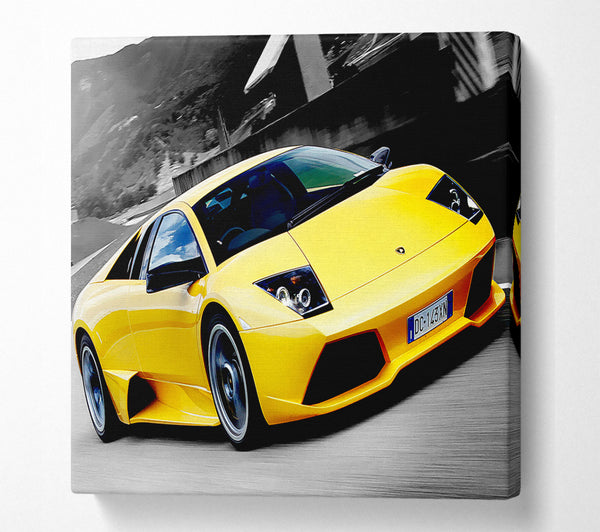 A Square Canvas Print Showing Lamborghini On The Move Yellow Square Wall Art