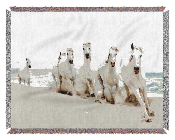 White Ocean Horses Woven Blanket
