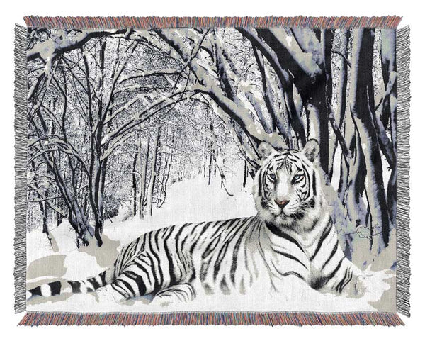 White Tiger In The Snow Woven Blanket