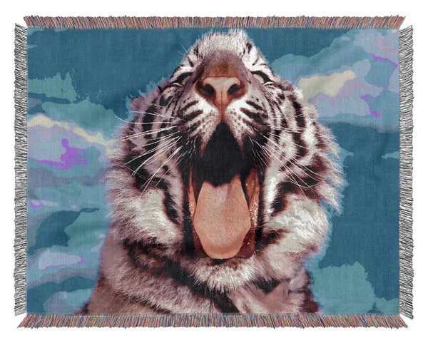 White Tiger Yawn Woven Blanket