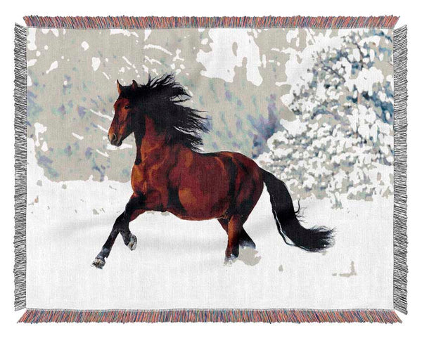 Wild Horse In The Snow Woven Blanket