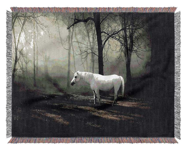 Wild White Unicorn In The Woodland Woven Blanket