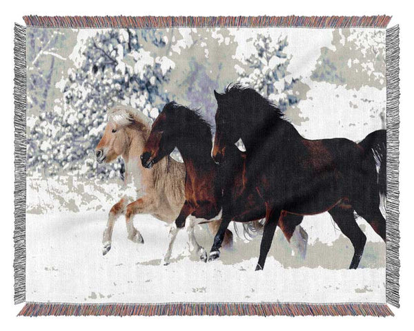 Wild Winter Horses Running Woven Blanket