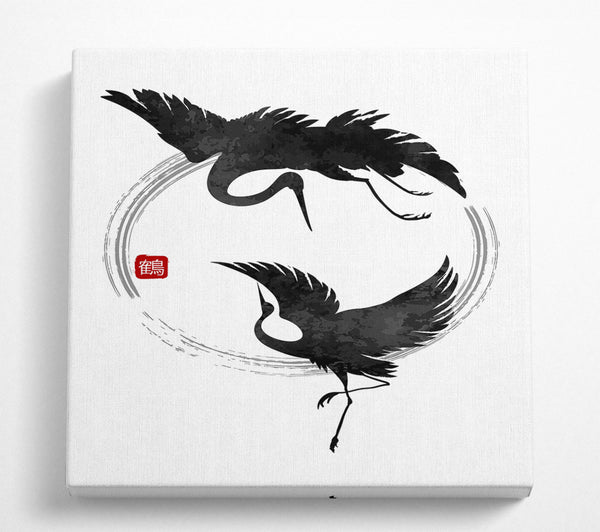 A Square Canvas Print Showing Japanese Cranes In The Circle Of Life Square Wall Art
