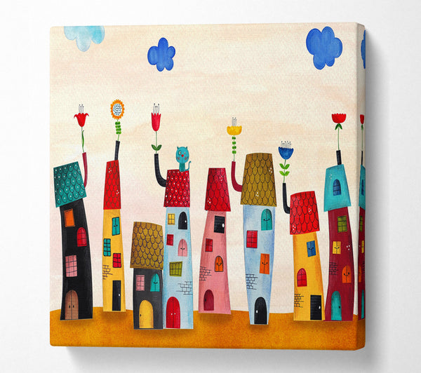A Square Canvas Print Showing Flower Pot Houses Square Wall Art