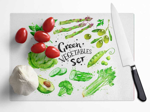Green Vegetable Set Glass Chopping Board