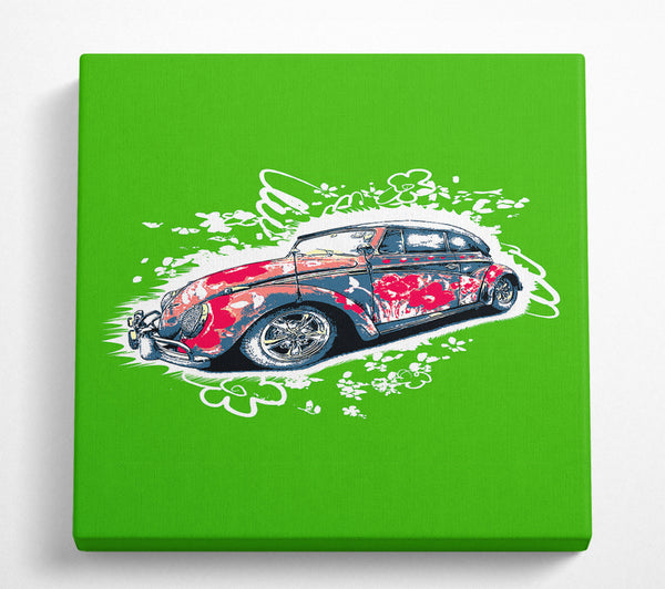 A Square Canvas Print Showing VW Beetle Flower Power Green Square Wall Art