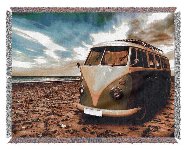 VW Camper At The Beach Green Woven Blanket