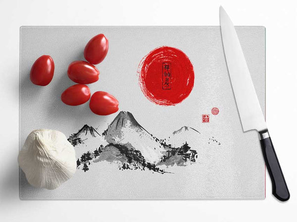 Chinese Red Sun Mountailns Glass Chopping Board
