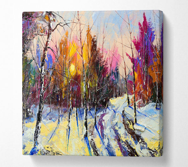 A Square Canvas Print Showing Rainbow Snow Forest Square Wall Art