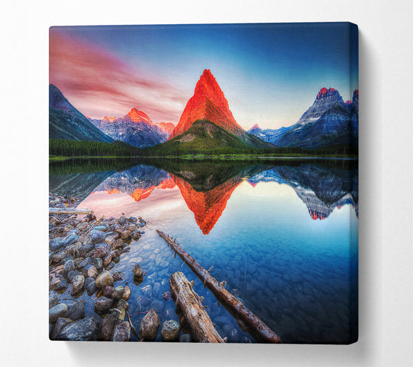 A Square Canvas Print Showing Reflections Of the Mountain Peak Lake Square Wall Art