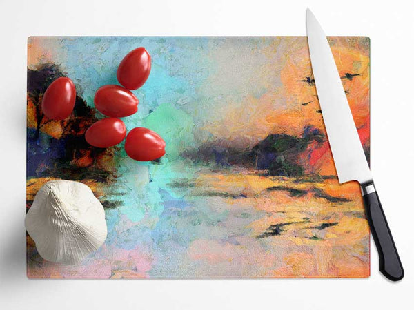 Birds At The Sunset Glass Chopping Board