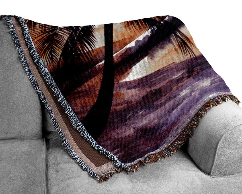 Watercolour Purple Palm Tree Ocean Woven Blanket