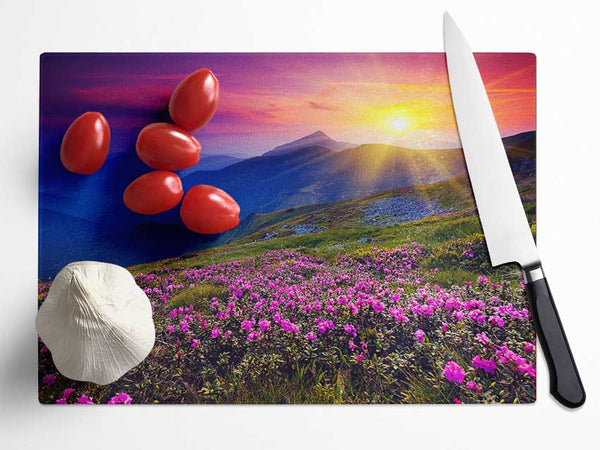 Sunrays Over The Pink Flower Mountain Glass Chopping Board