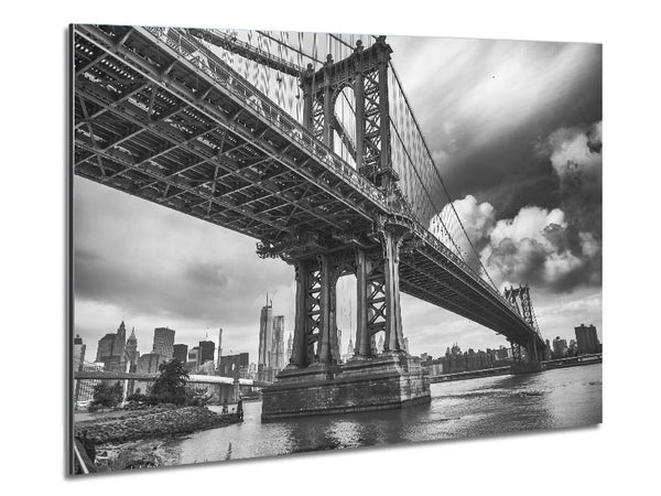 NYC black and white bridge under clouds