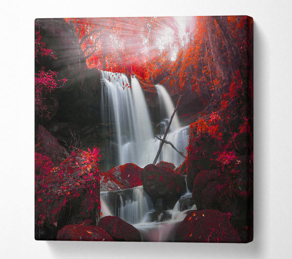 A Square Canvas Print Showing Red Forest Waterfall Delight Square Wall Art