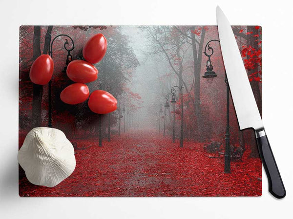 Red Autumn leaves streetlights Glass Chopping Board