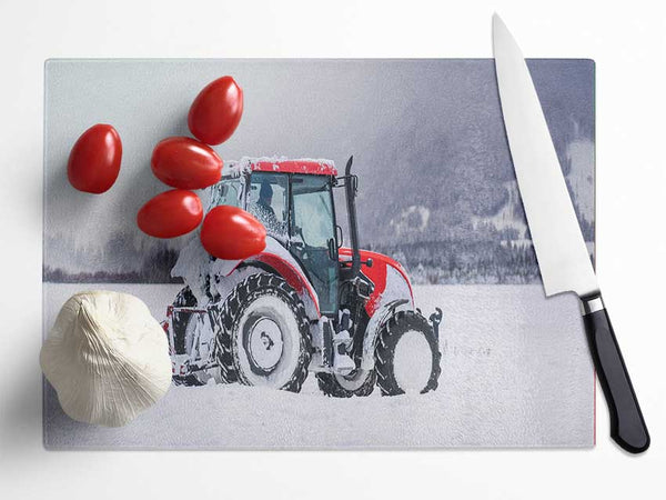 Tractor in the snow Glass Chopping Board