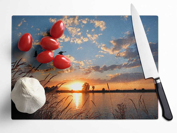 Swans flying over the lake Glass Chopping Board