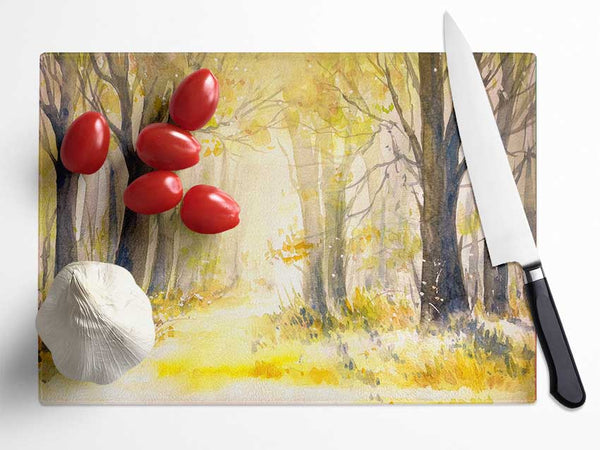 Yellow Forest Woodland Watercolour Glass Chopping Board